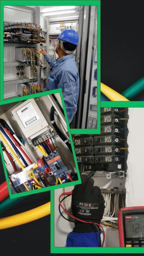 Técnico realizando mantenimiento eléctrico en redes industriales".